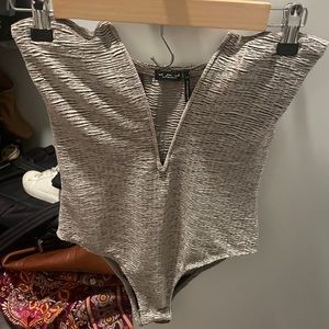 Silver Deep V Velvet Bodysuit
